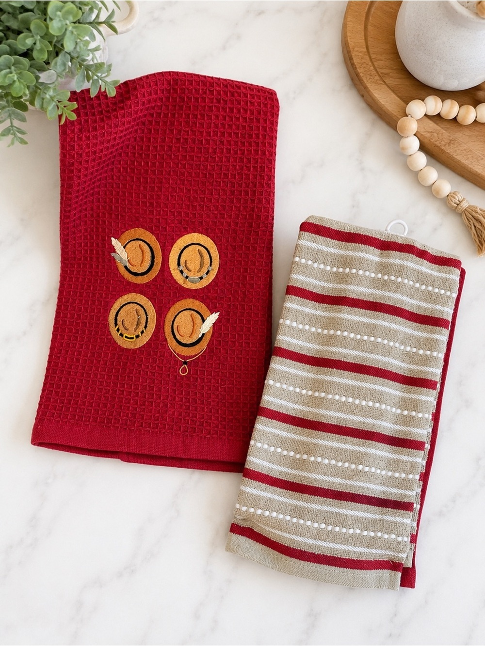 New Western Kitchen Towel Set-One Embroidered Cowboy Hat & One Stripe Towel